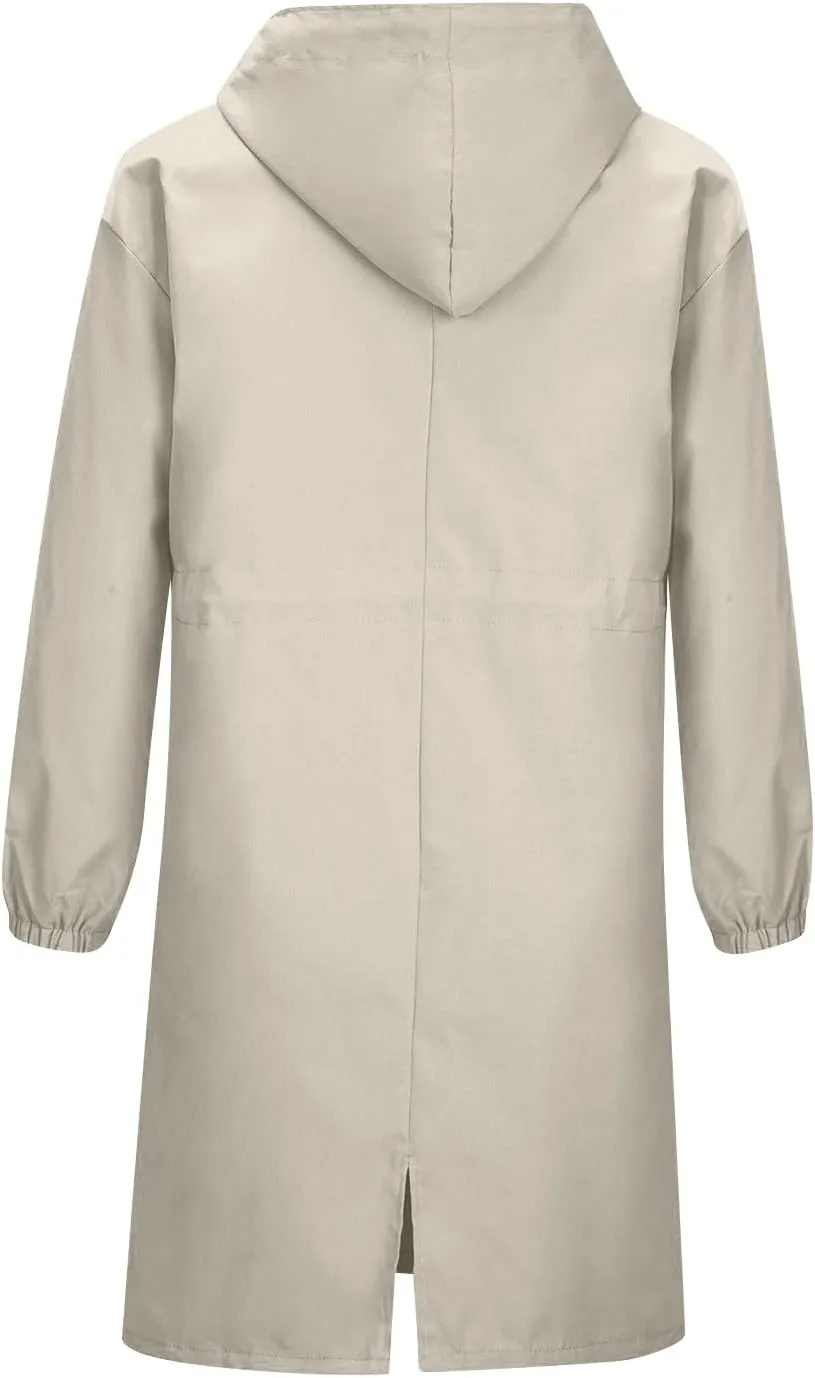 Womens Trench Coat Lightweight Hooded Waterproof Rain Jacket Outdoor Button Down Oversized Windbreaker Outwear