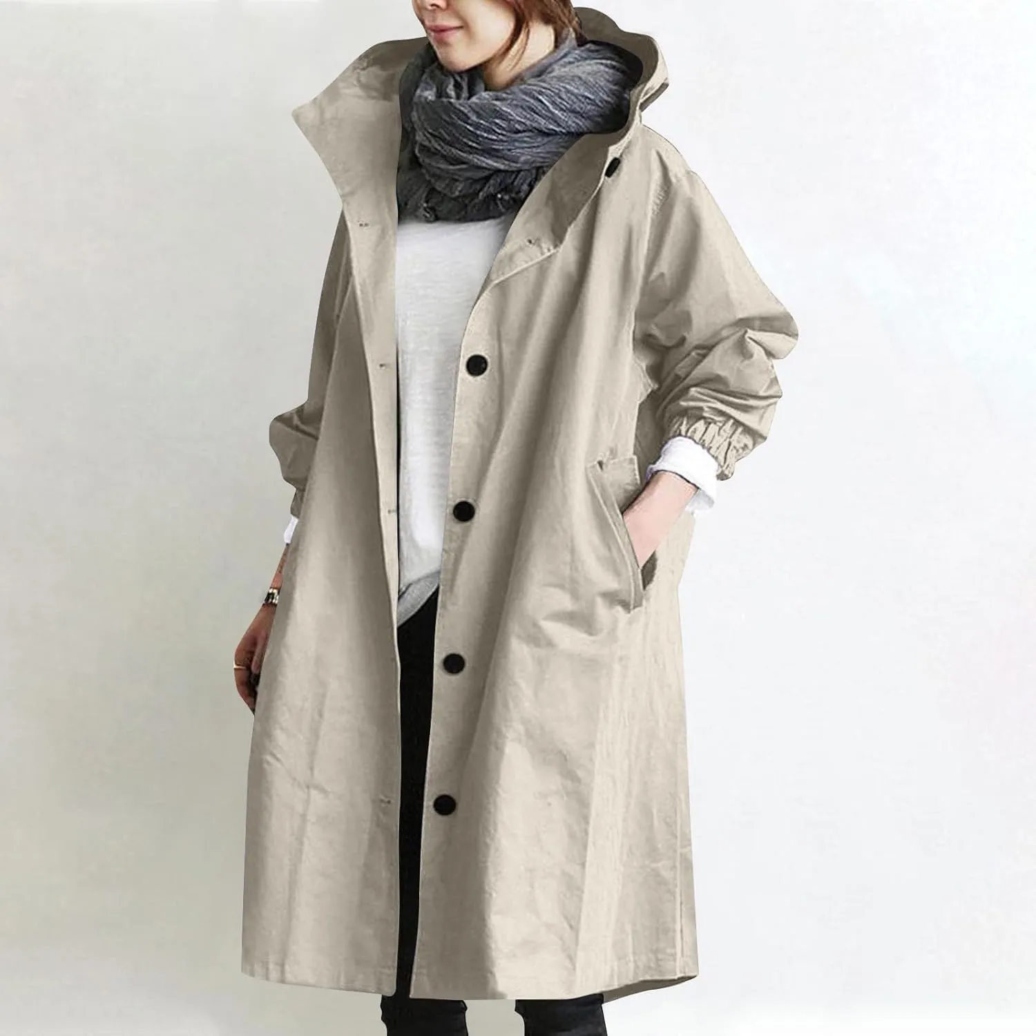 Womens Trench Coat Lightweight Hooded Waterproof Rain Jacket Outdoor Button Down Oversized Windbreaker Outwear