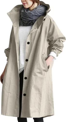 Womens Trench Coat Lightweight Hooded Waterproof Rain Jacket Outdoor Button Down Oversized Windbreaker Outwear