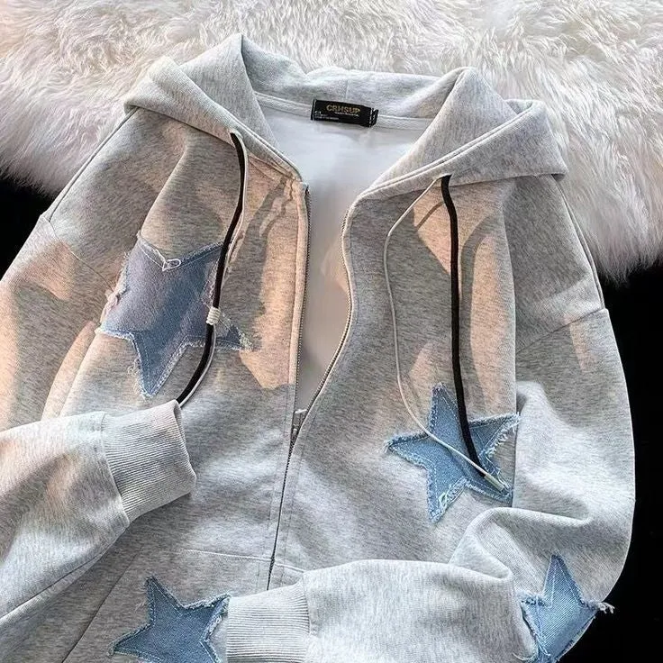 Y2K Denim Star Patches Deisgn American Style Streetwear Oversized Comfy Zipper Hoodie For Mens