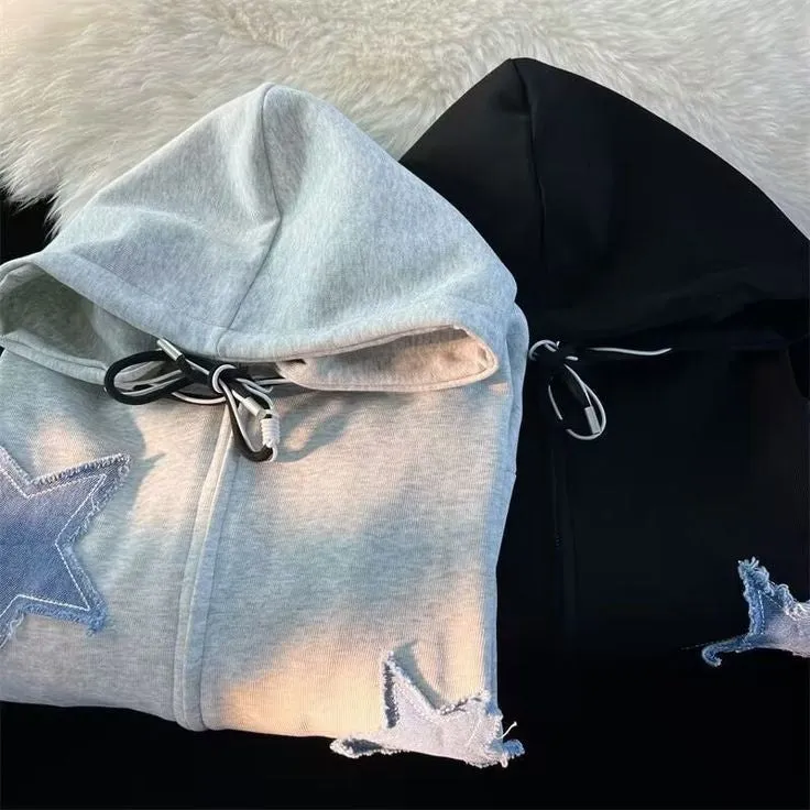 Y2K Denim Star Patches Deisgn American Style Streetwear Oversized Comfy Zipper Hoodie For Mens
