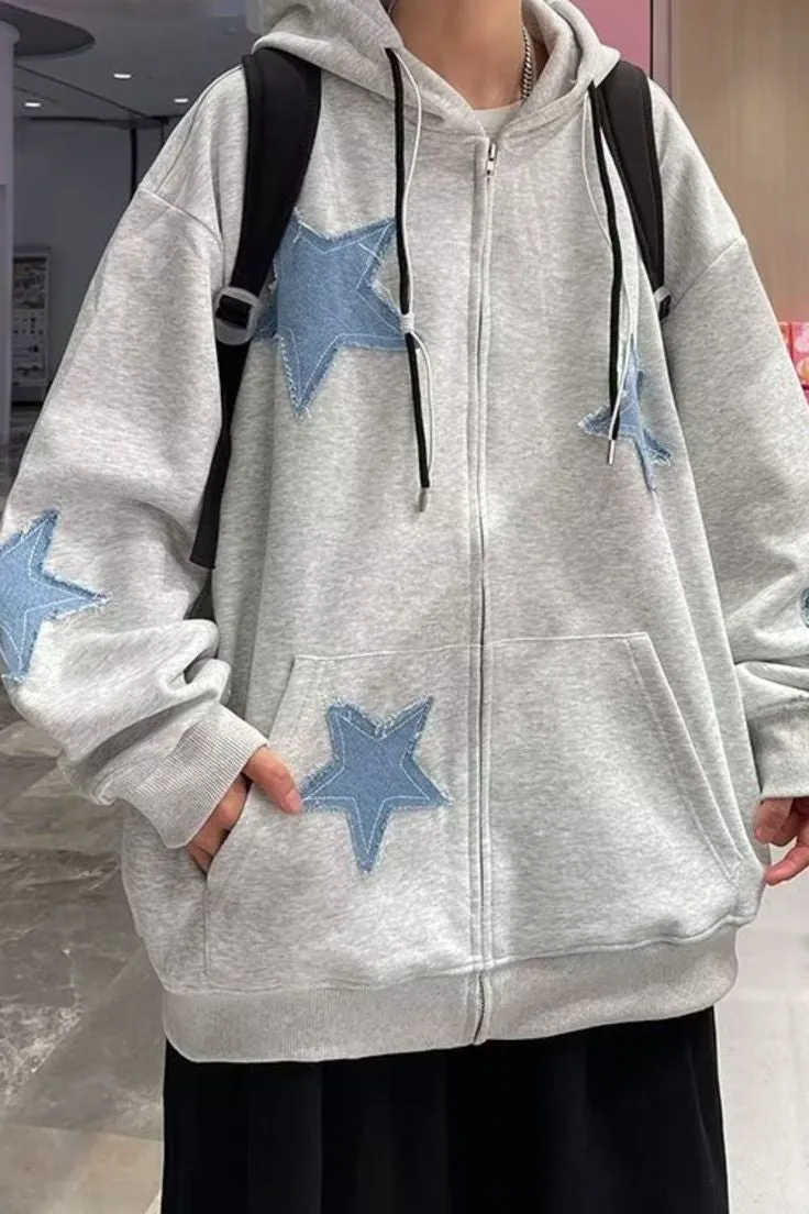 Y2K Denim Star Patches Deisgn American Style Streetwear Oversized Comfy Zipper Hoodie For Mens