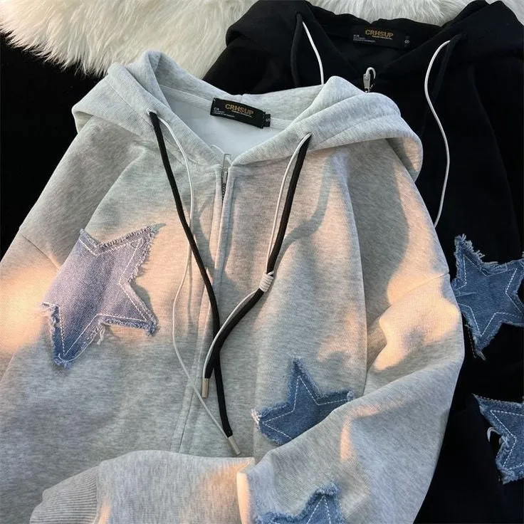 Y2K Denim Star Patches Deisgn American Style Streetwear Oversized Comfy Zipper Hoodie For Mens