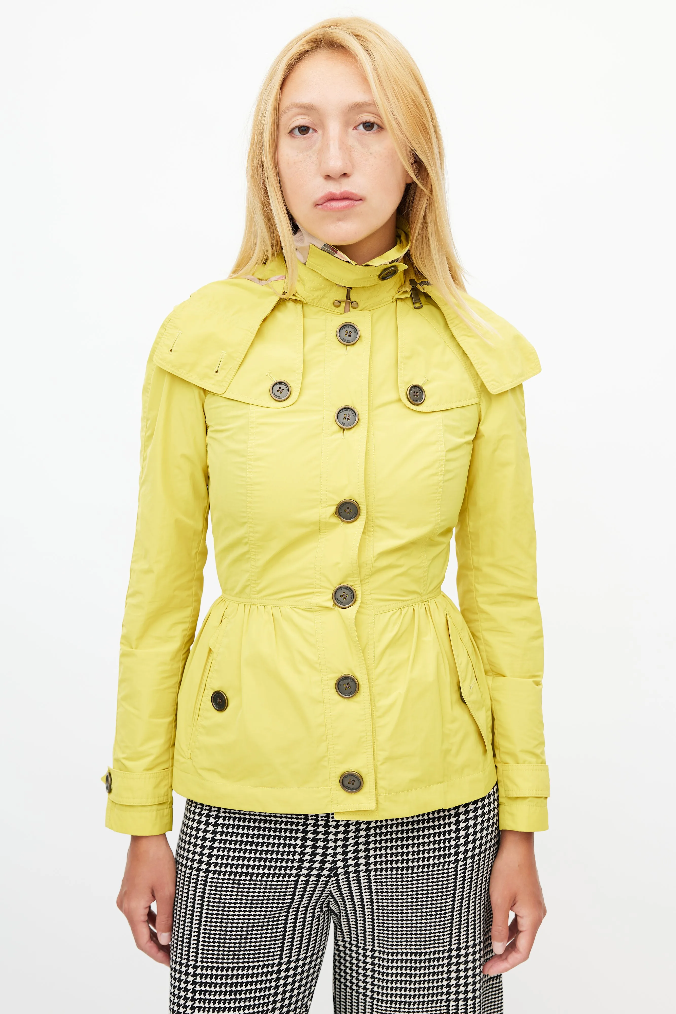 Yellow Hooded Nylon Short Trench Coat