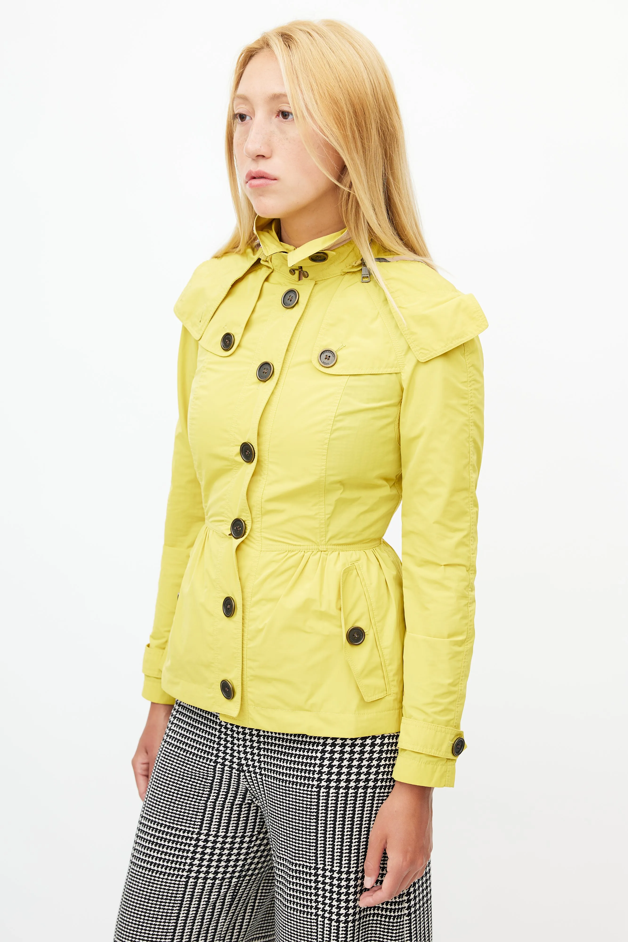 Yellow Hooded Nylon Short Trench Coat