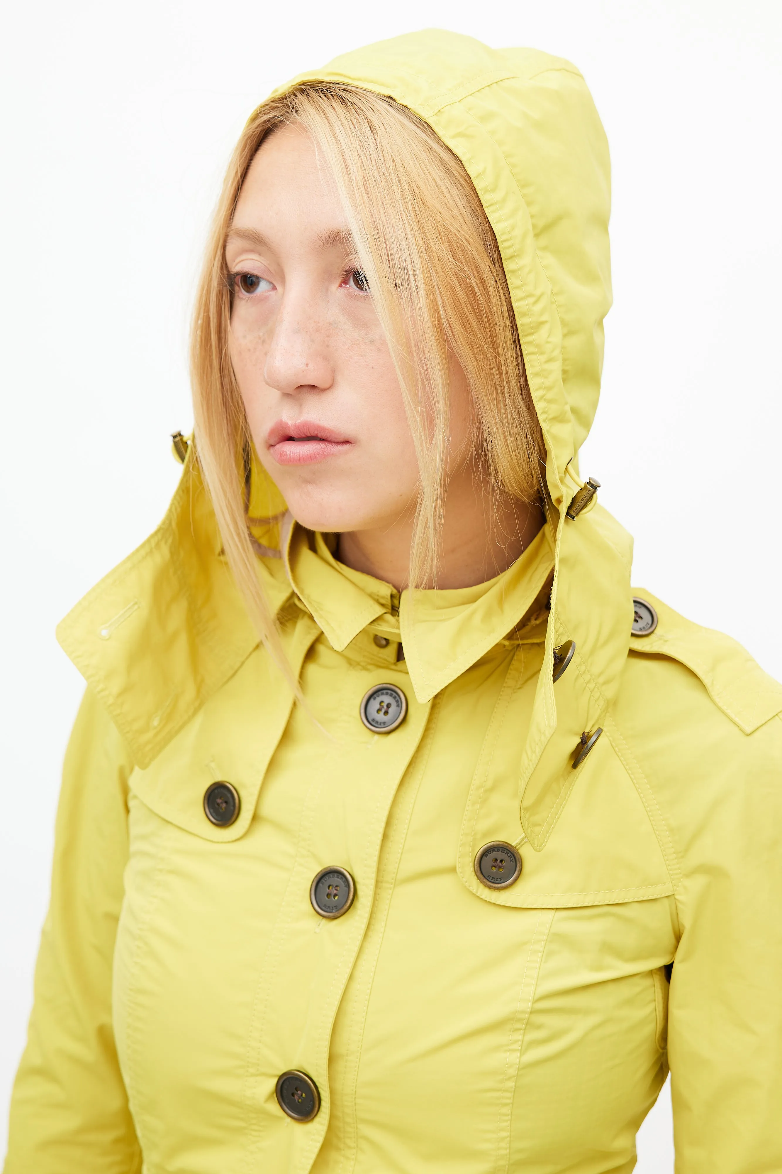 Yellow Hooded Nylon Short Trench Coat
