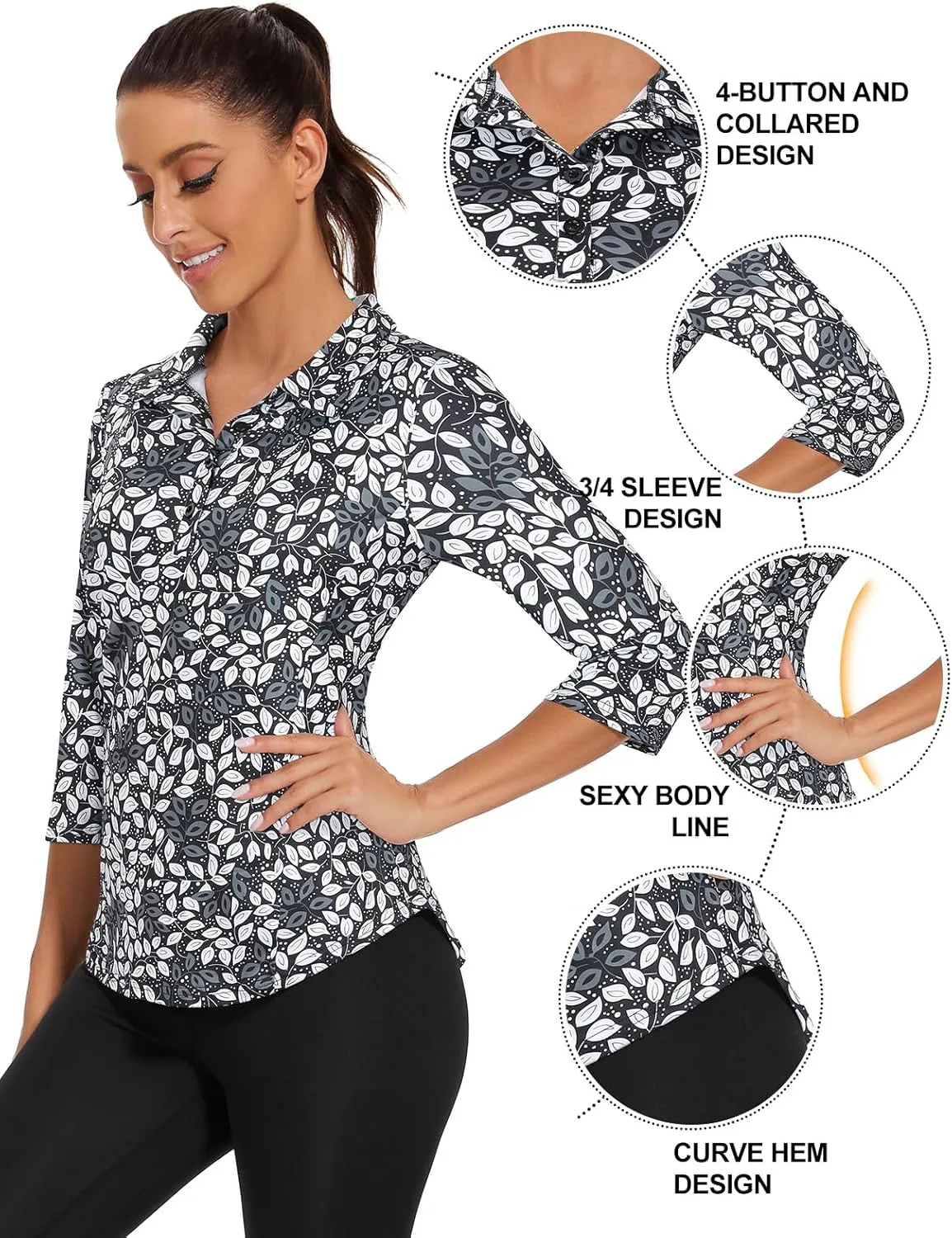 Zamowoty Women's 3/4 Sleeve Golf Tennis Polo Shirts 4-Button Dry Fit Workout Tops Athletic Shirt UPF50 