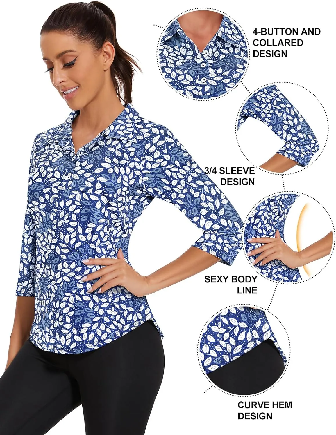 Zamowoty Women's 3/4 Sleeve Golf Tennis Polo Shirts 4-Button Dry Fit Workout Tops Athletic Shirt UPF50 