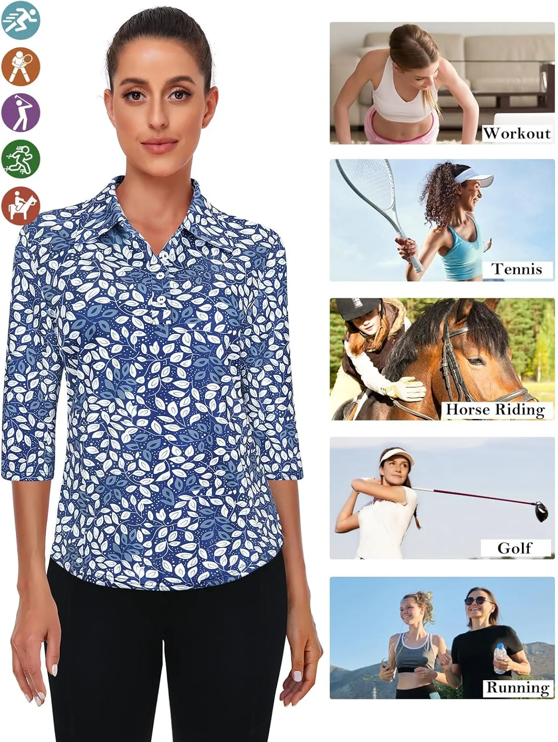 Zamowoty Women's 3/4 Sleeve Golf Tennis Polo Shirts 4-Button Dry Fit Workout Tops Athletic Shirt UPF50 